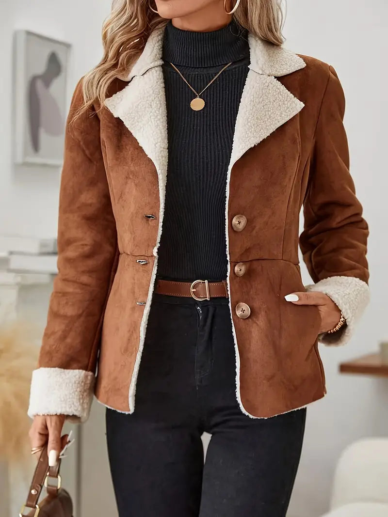 Women's Suede Blazer with Sherpa Collar and Cuff Details
