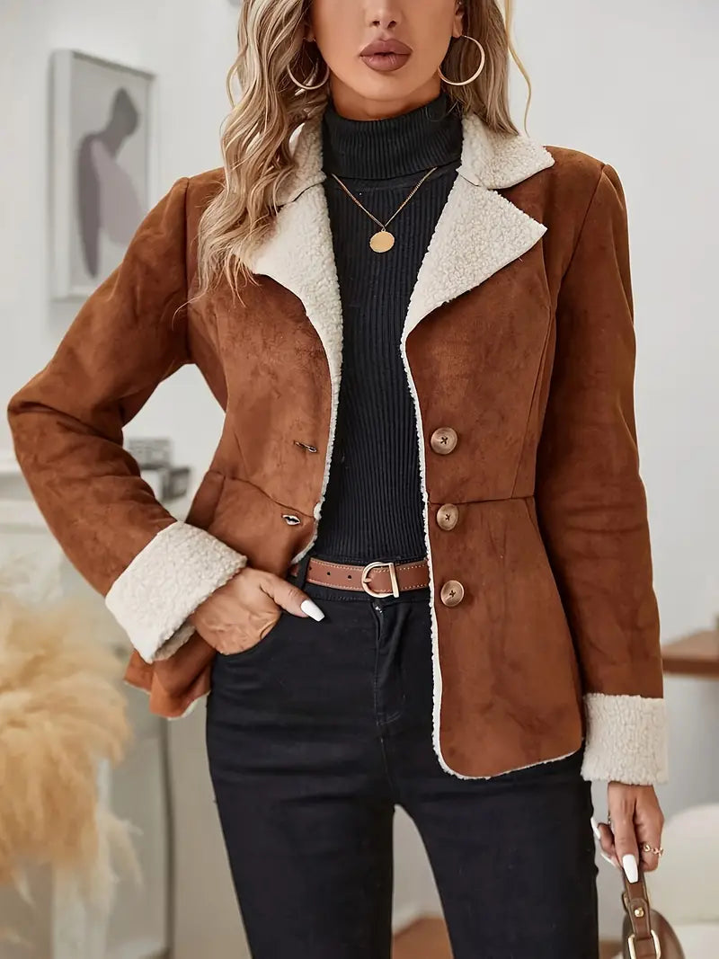 Women's Suede Blazer with Sherpa Collar and Cuff Details