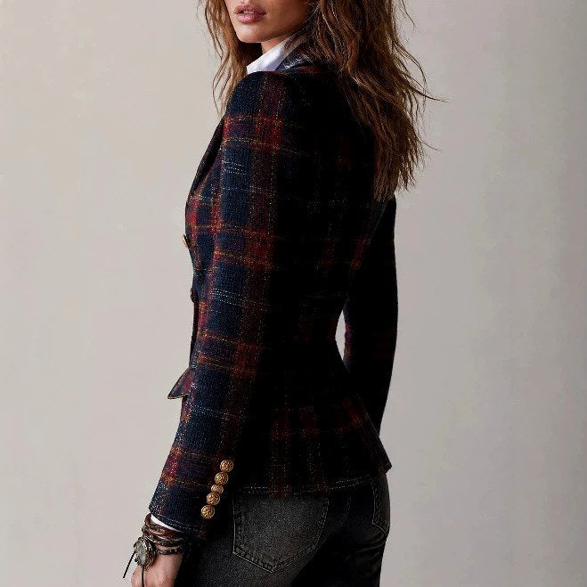Women's Tartan Plaid Double-Breasted Blazer