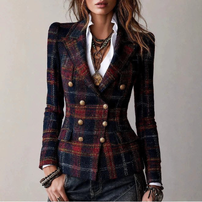 Women's Tartan Plaid Double-Breasted Blazer