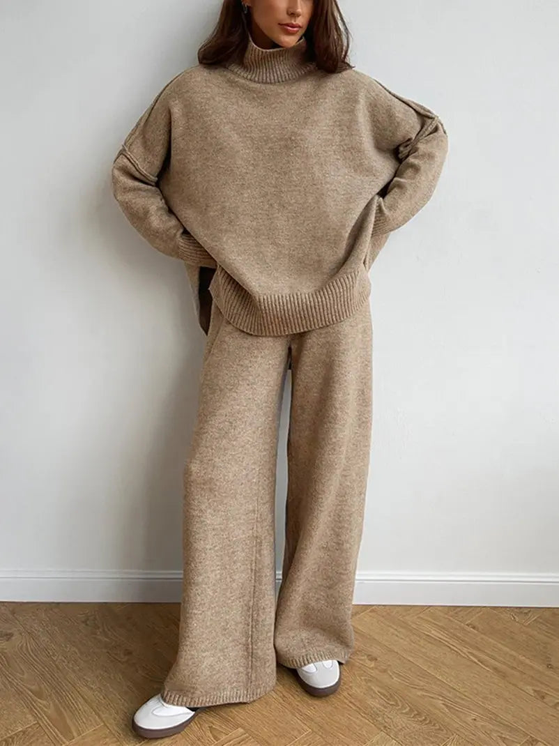 Women's Turtleneck Sweater and Wide-Leg Knit Pants Set