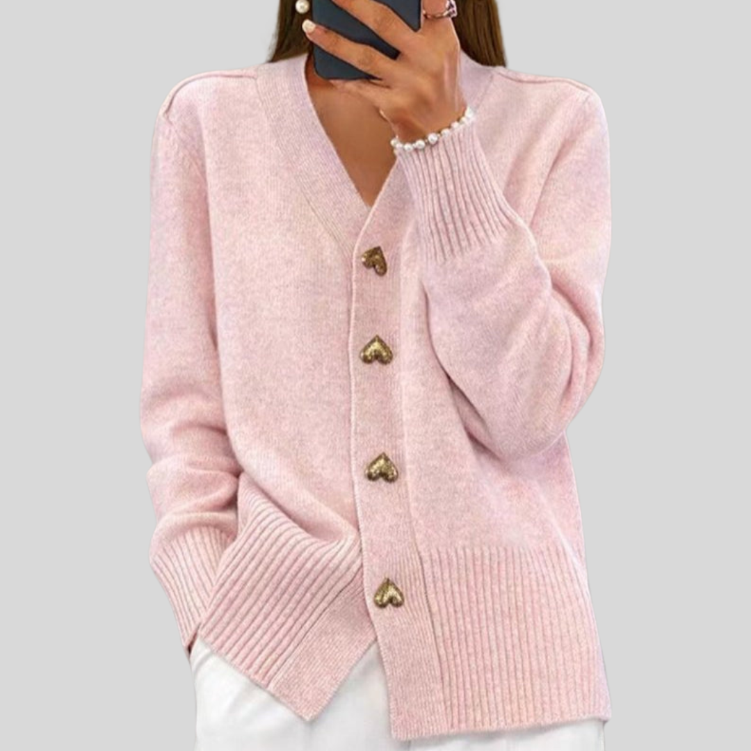 Women's V-Neck Cardigan with Heart-Shaped Buttons