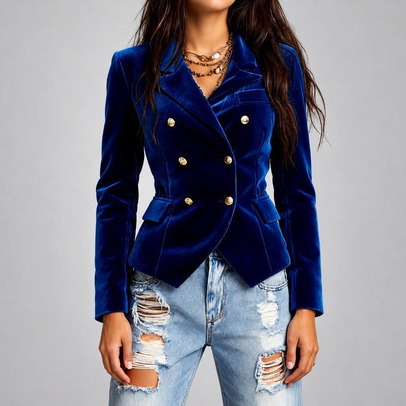 Women's Velvet Double-Breasted Fitted Blazer