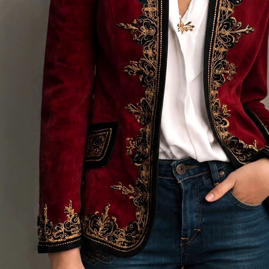 Women's Velvet Embroidered Open Front Blazer