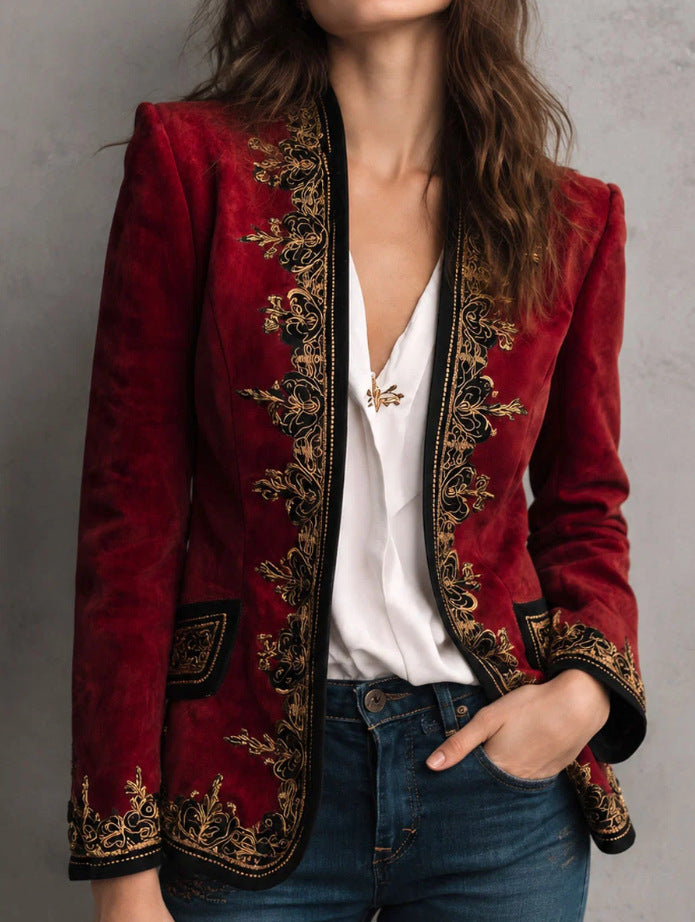 Women's Velvet Embroidered Open Front Blazer