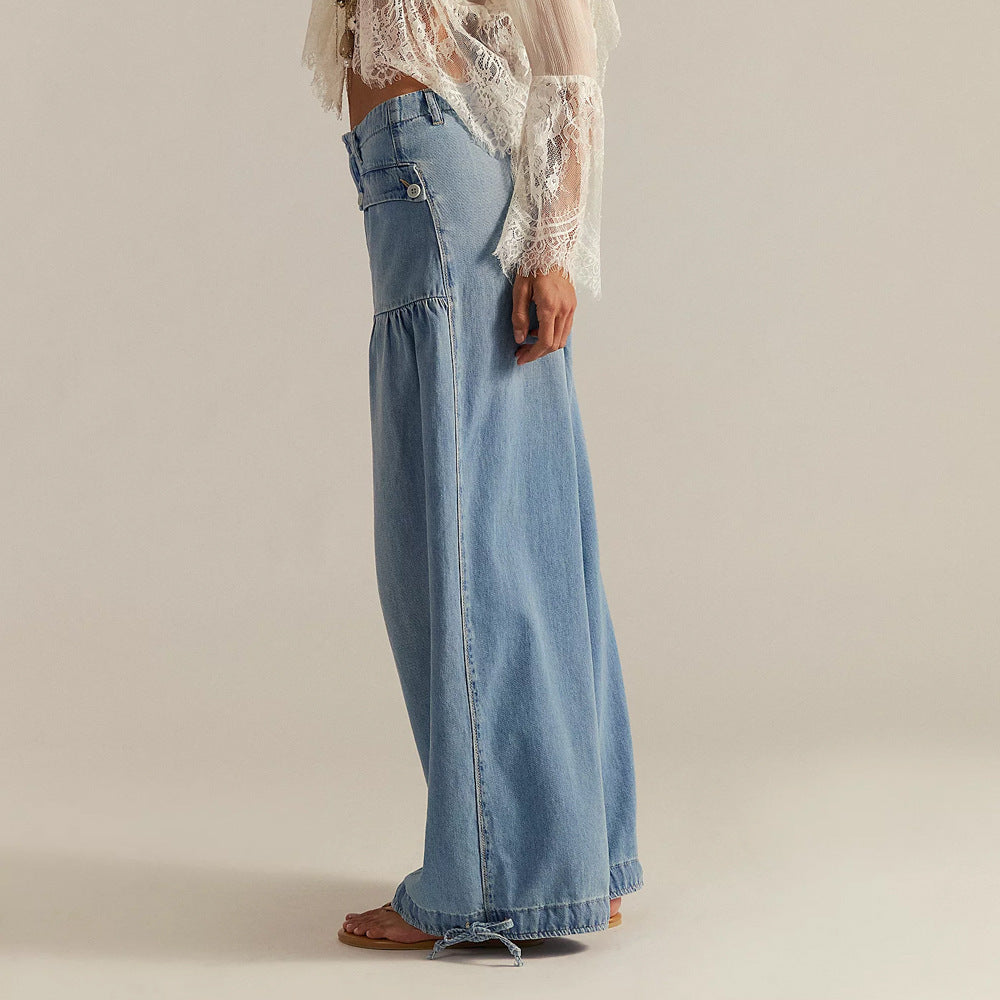 Women's Wide Leg Jeans with Cropped Ankle and Tie Detail