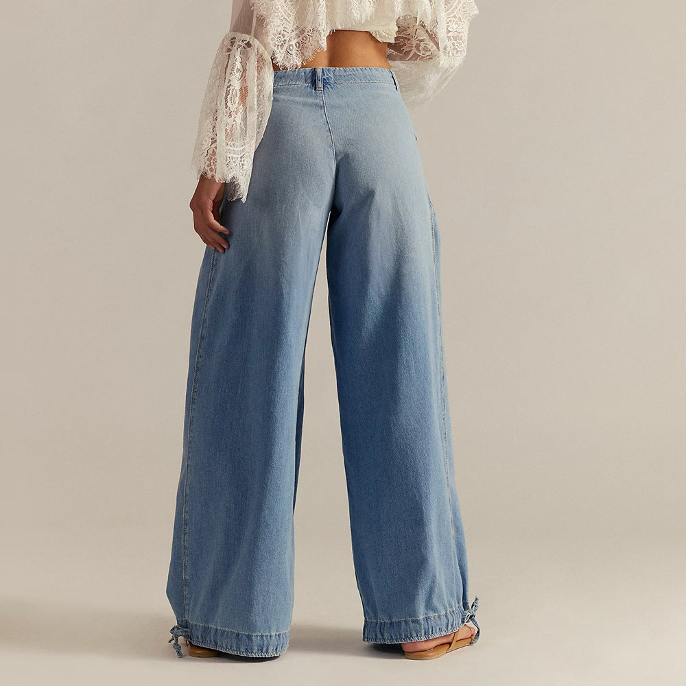 Women's Wide Leg Jeans with Cropped Ankle and Tie Detail