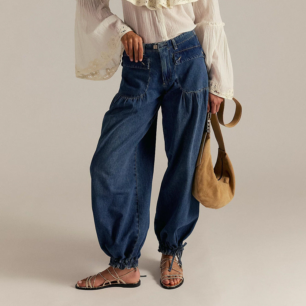 Women's Wide Leg Jeans with Cropped Ankle and Tie Detail