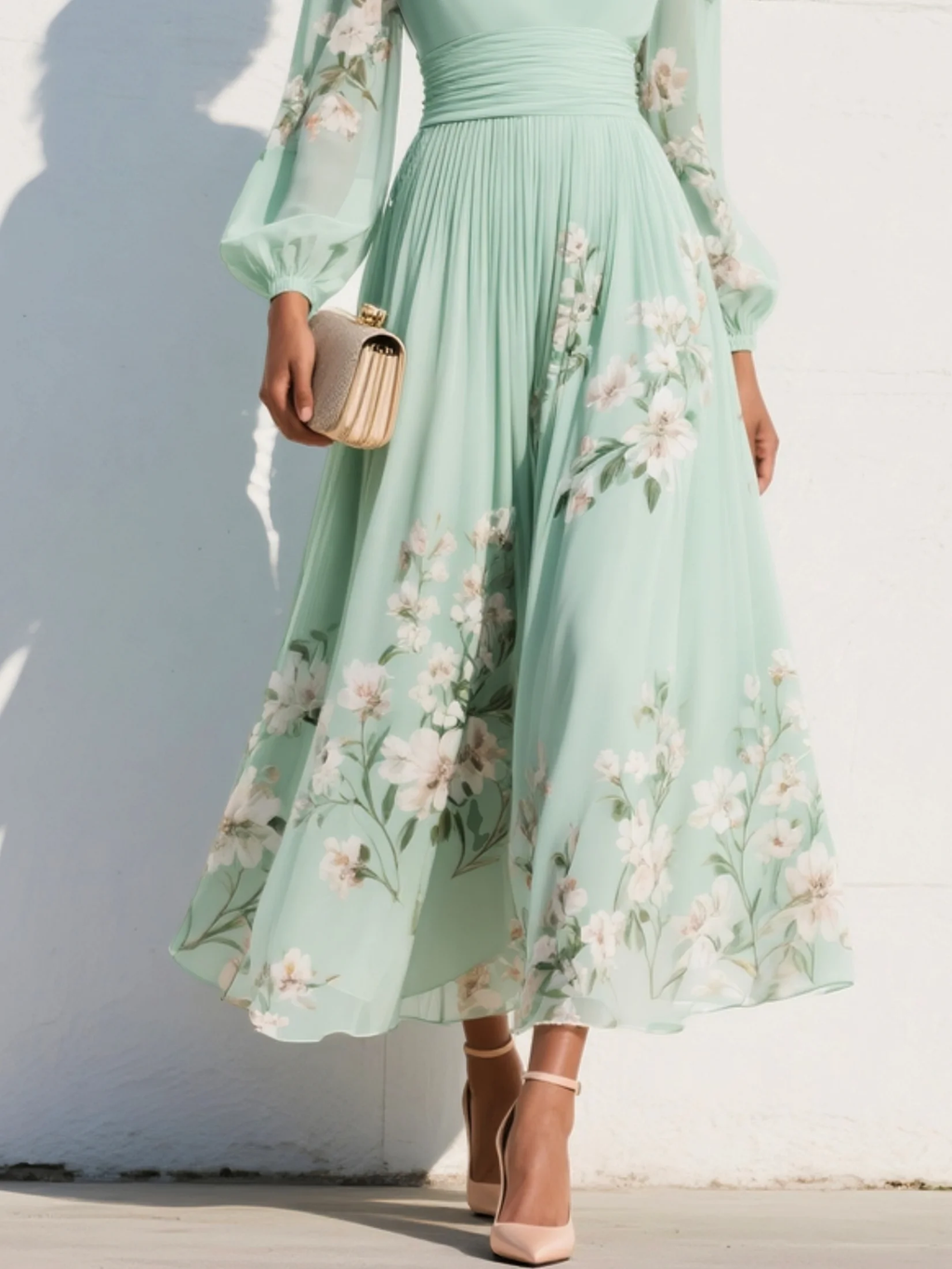 Montarello Women's Floral Chiffon Balloon Sleeve Wedding Guest Dress