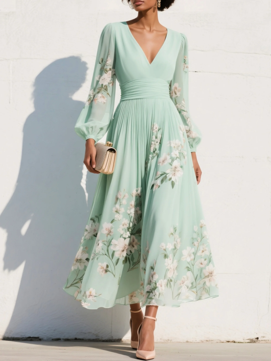 Montarello Women's Floral Chiffon Balloon Sleeve Wedding Guest Dress