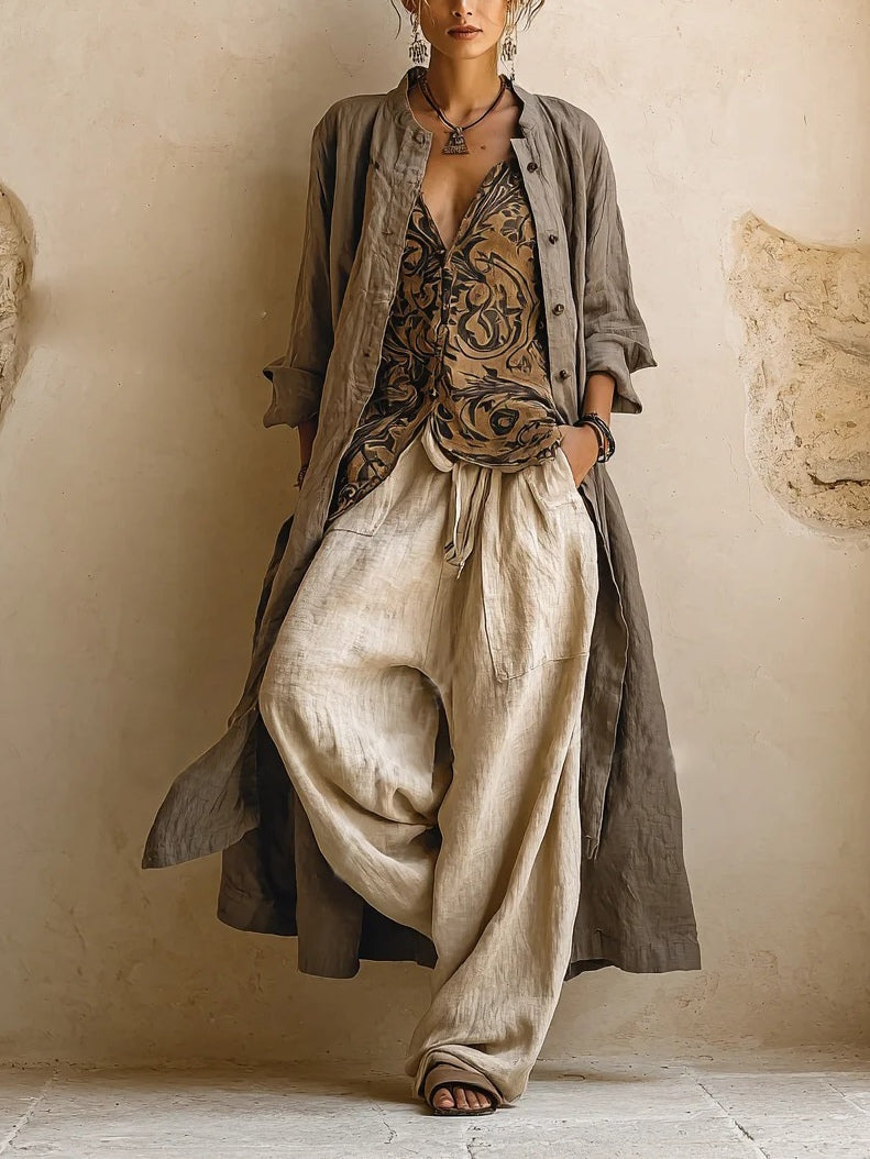 Women's Relaxed Three-Piece Set with Long Coat and Wide-Leg Trousers