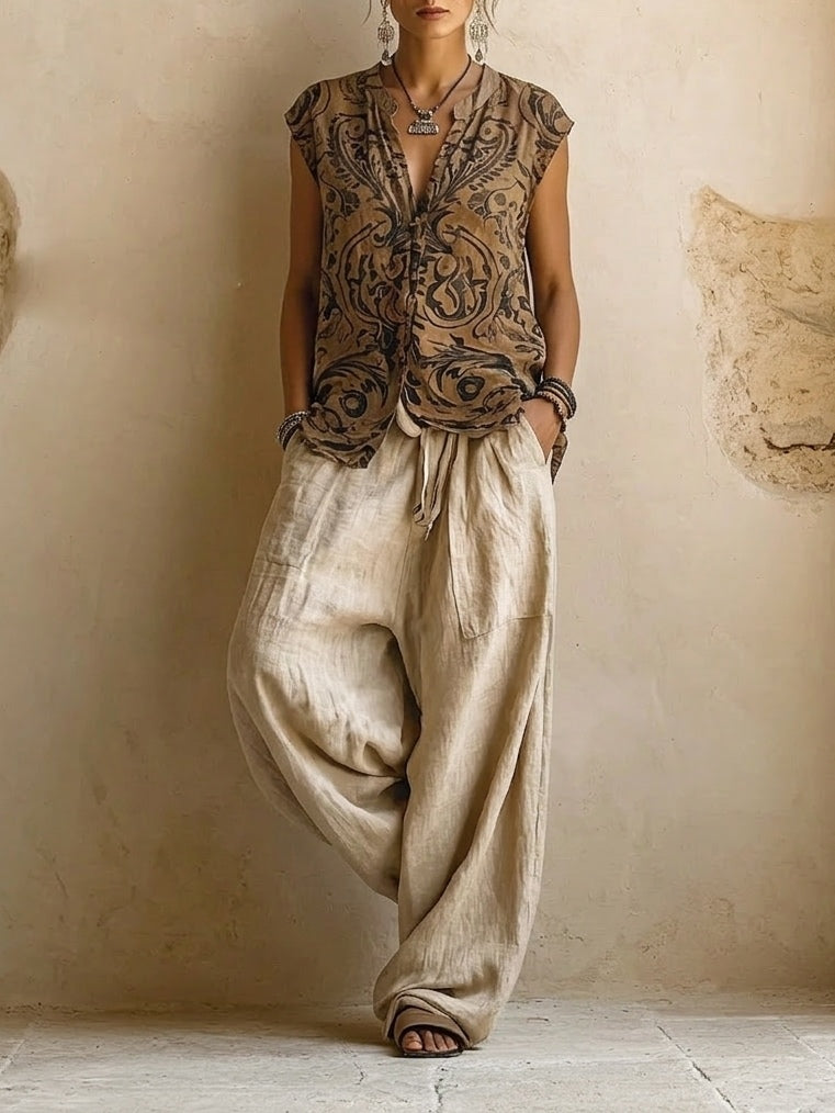Women's Relaxed Three-Piece Set with Long Coat and Wide-Leg Trousers