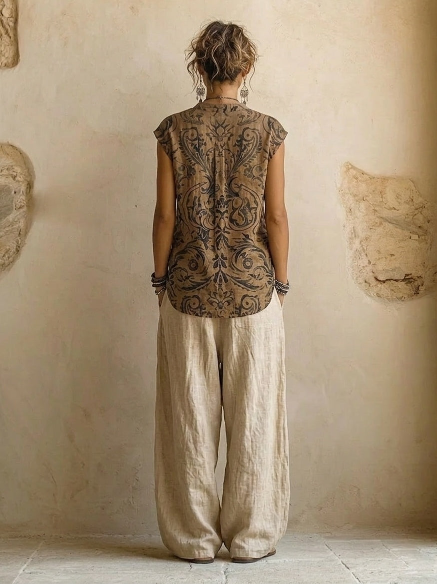 Women's Relaxed Three-Piece Set with Long Coat and Wide-Leg Trousers