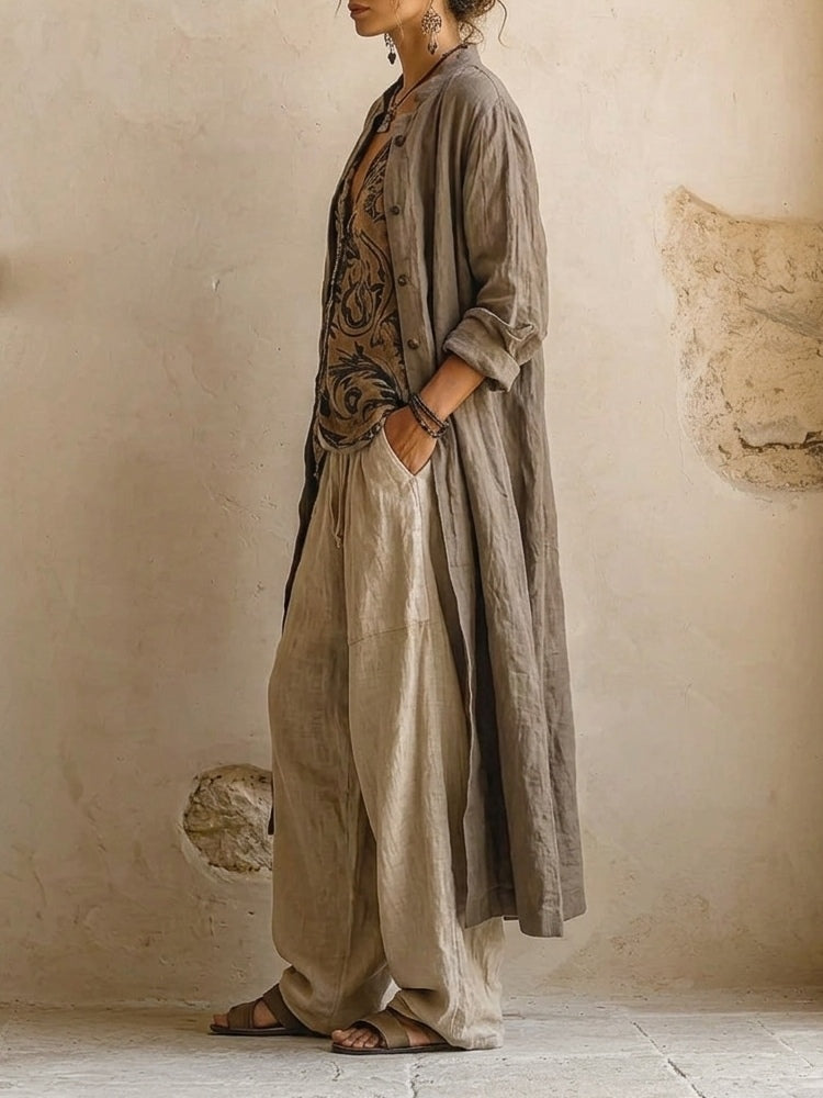 Women's Relaxed Three-Piece Set with Long Coat and Wide-Leg Trousers