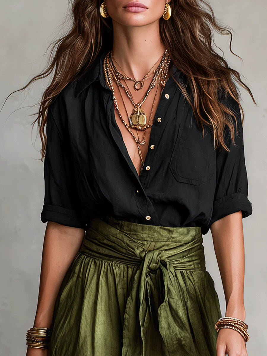 Montarello Women's High-Waisted Button Shirt & Midi Skirt Two-Piece Set