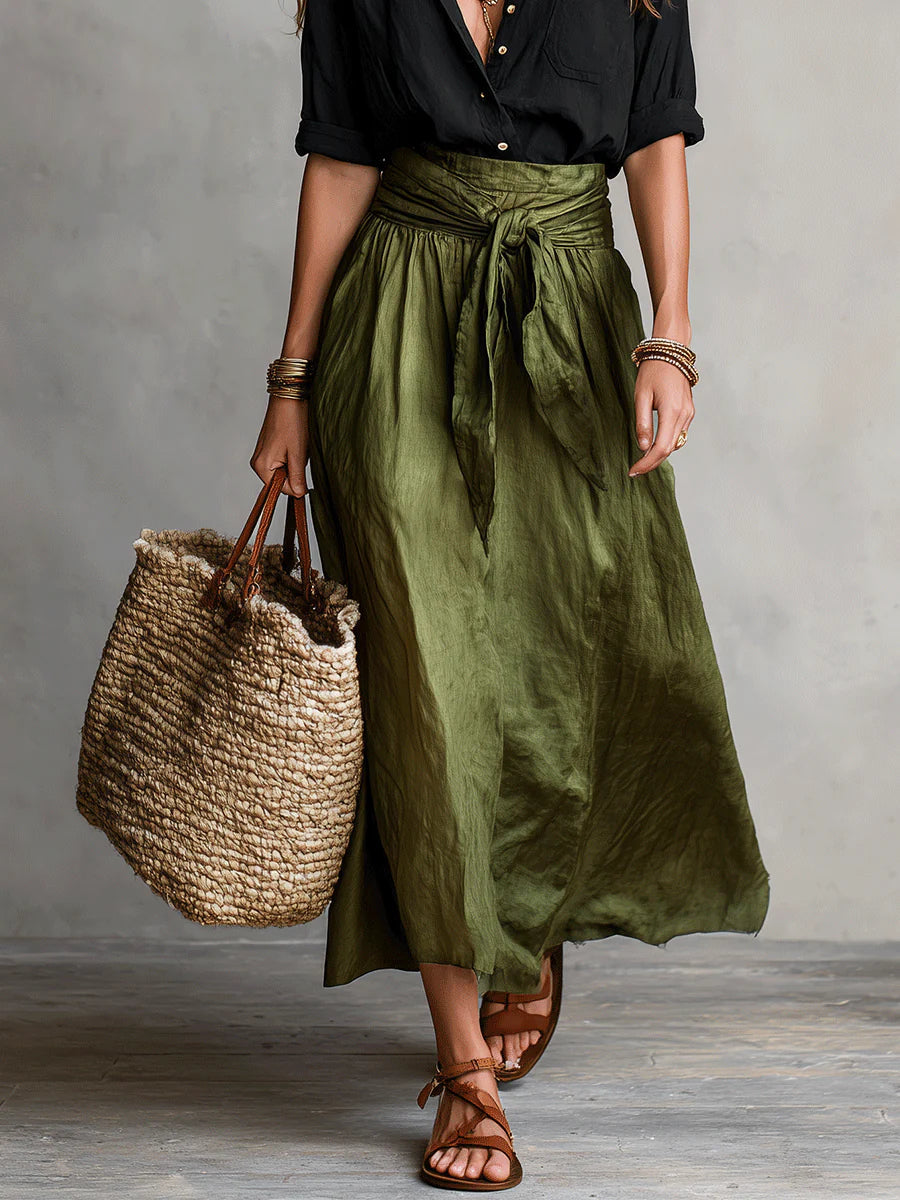 Montarello Women's High-Waisted Button Shirt & Midi Skirt Two-Piece Set
