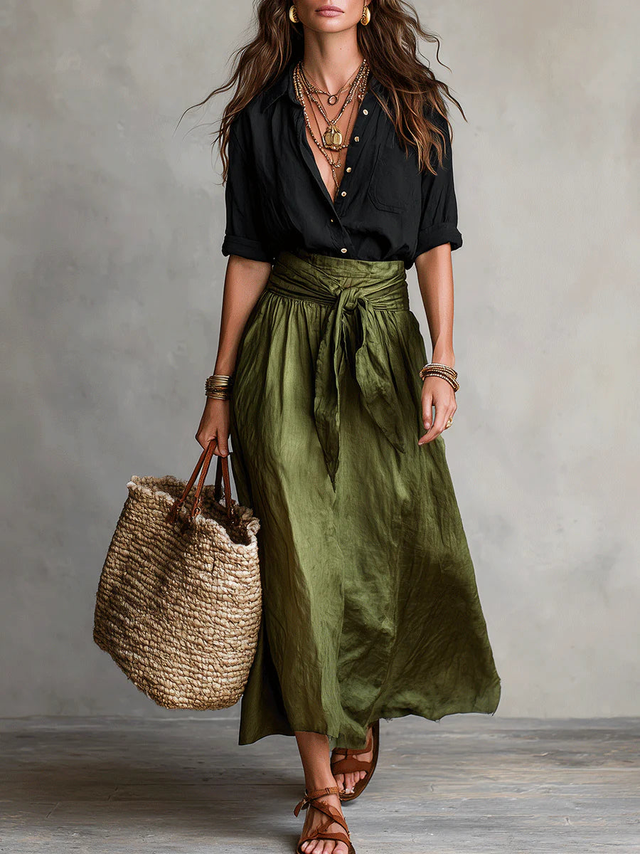 Montarello Women's High-Waisted Button Shirt & Midi Skirt Two-Piece Set