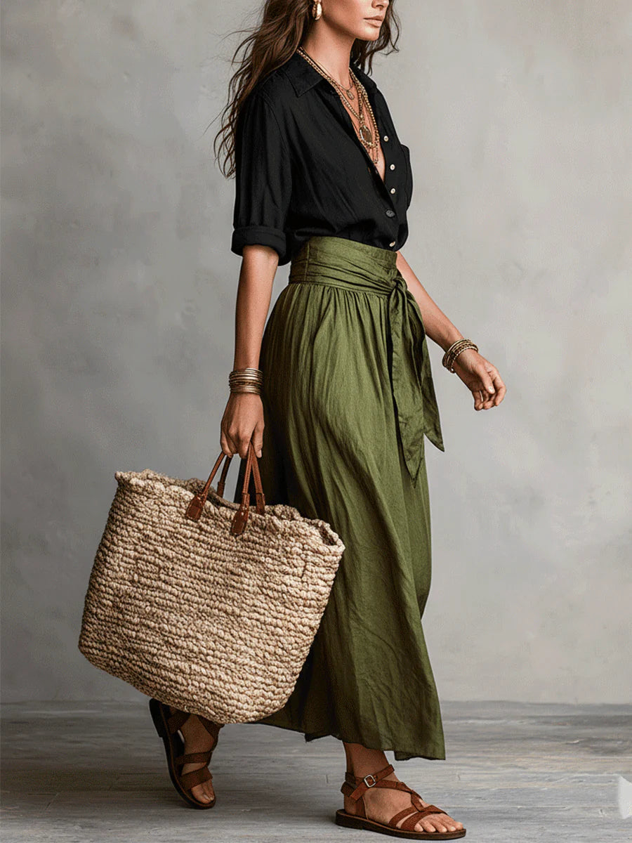Montarello Women's High-Waisted Button Shirt & Midi Skirt Two-Piece Set