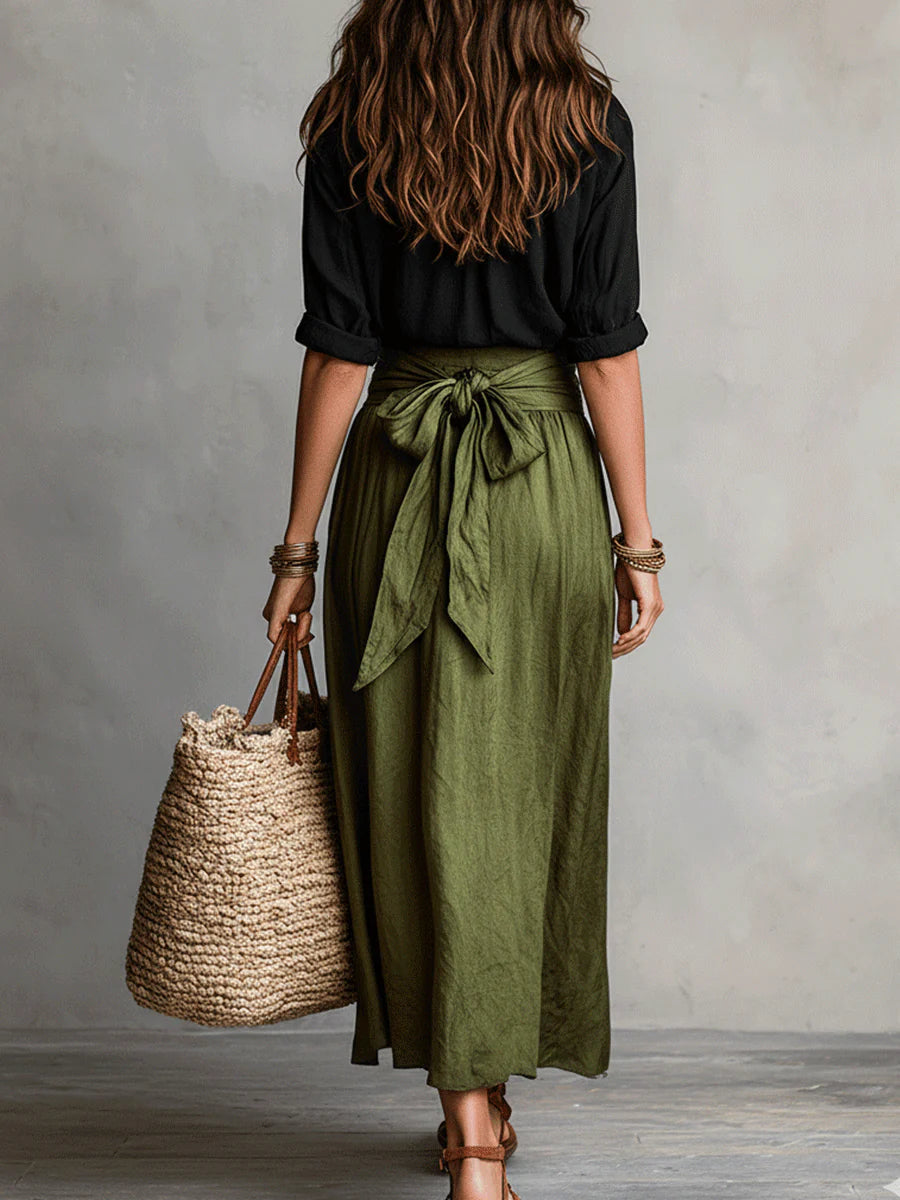 Montarello Women's High-Waisted Button Shirt & Midi Skirt Two-Piece Set