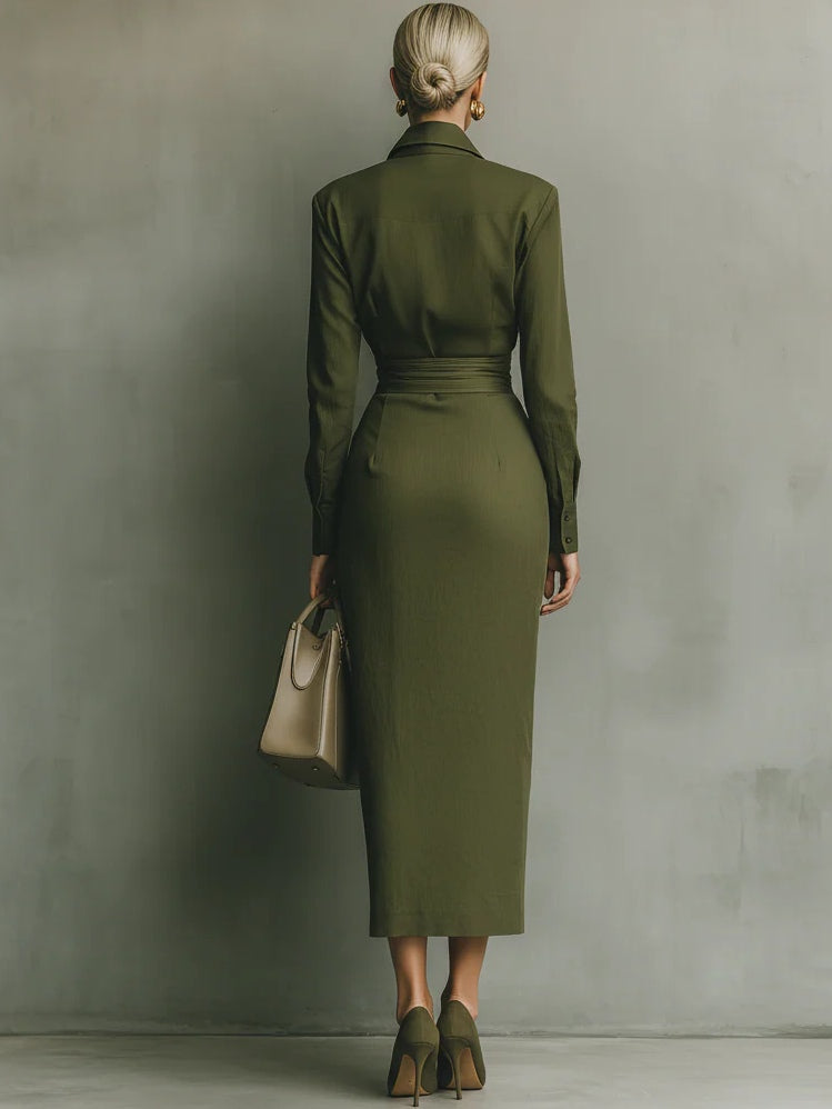 Women's Wrap Midi Dress with Collar and Long Sleeves