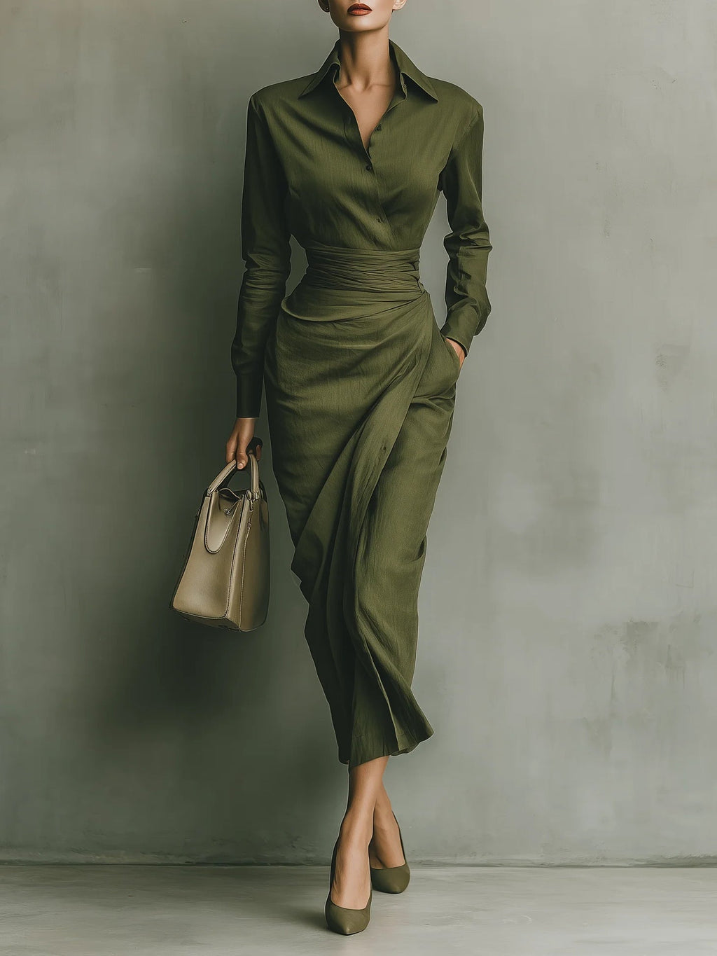 Women's Collared Wrap Midi Dress with Pleated Waist