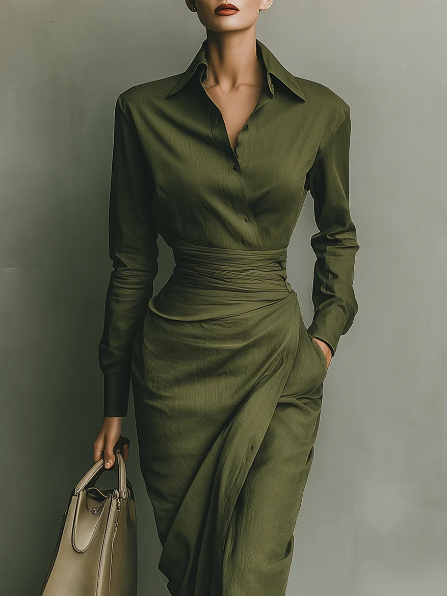 Women's Wrap Midi Dress with Collar and Long Sleeves