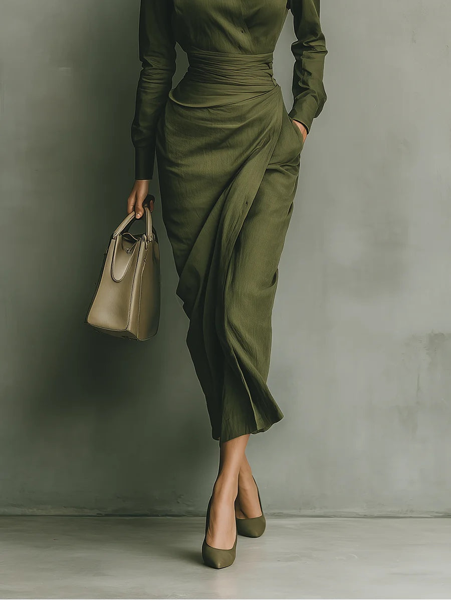 Women's Wrap Midi Dress with Collar and Long Sleeves