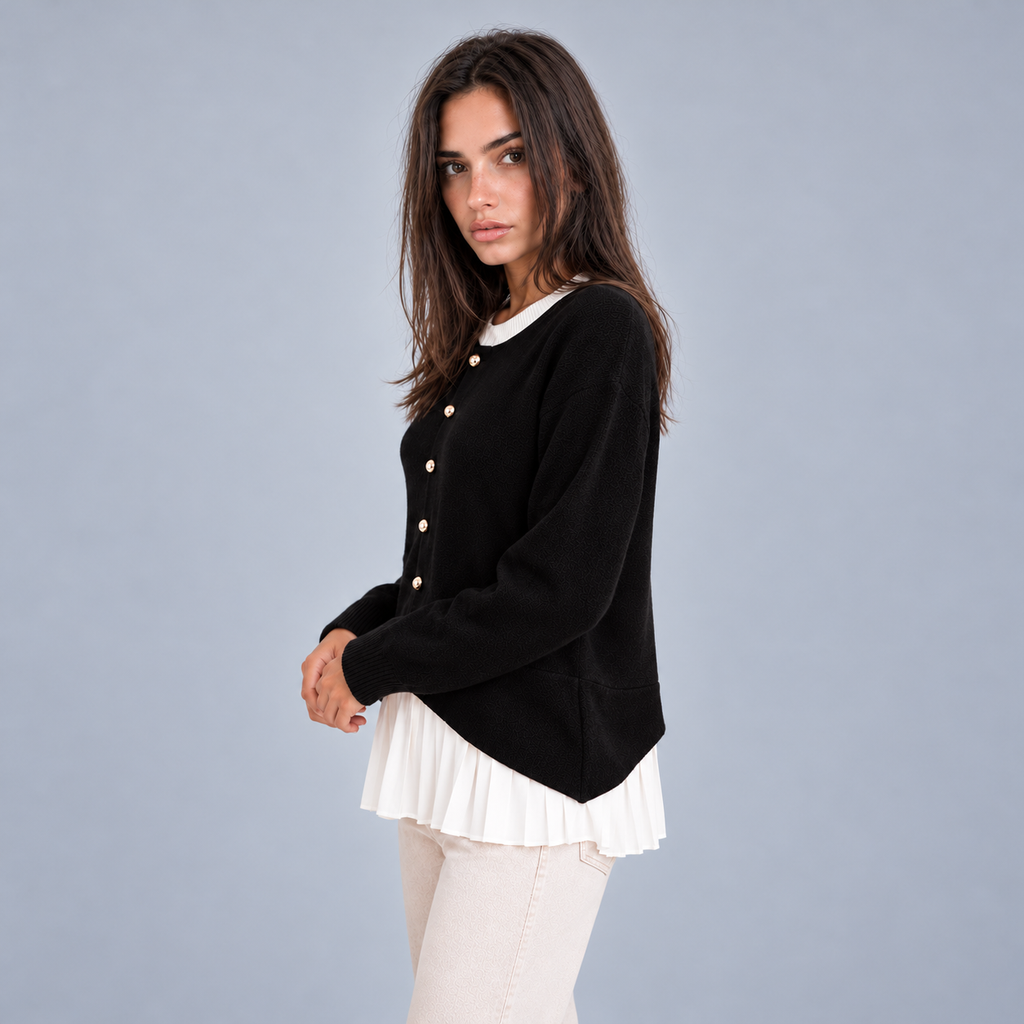Montarello Women's Cardigan Layered Pleated Hem Button Front