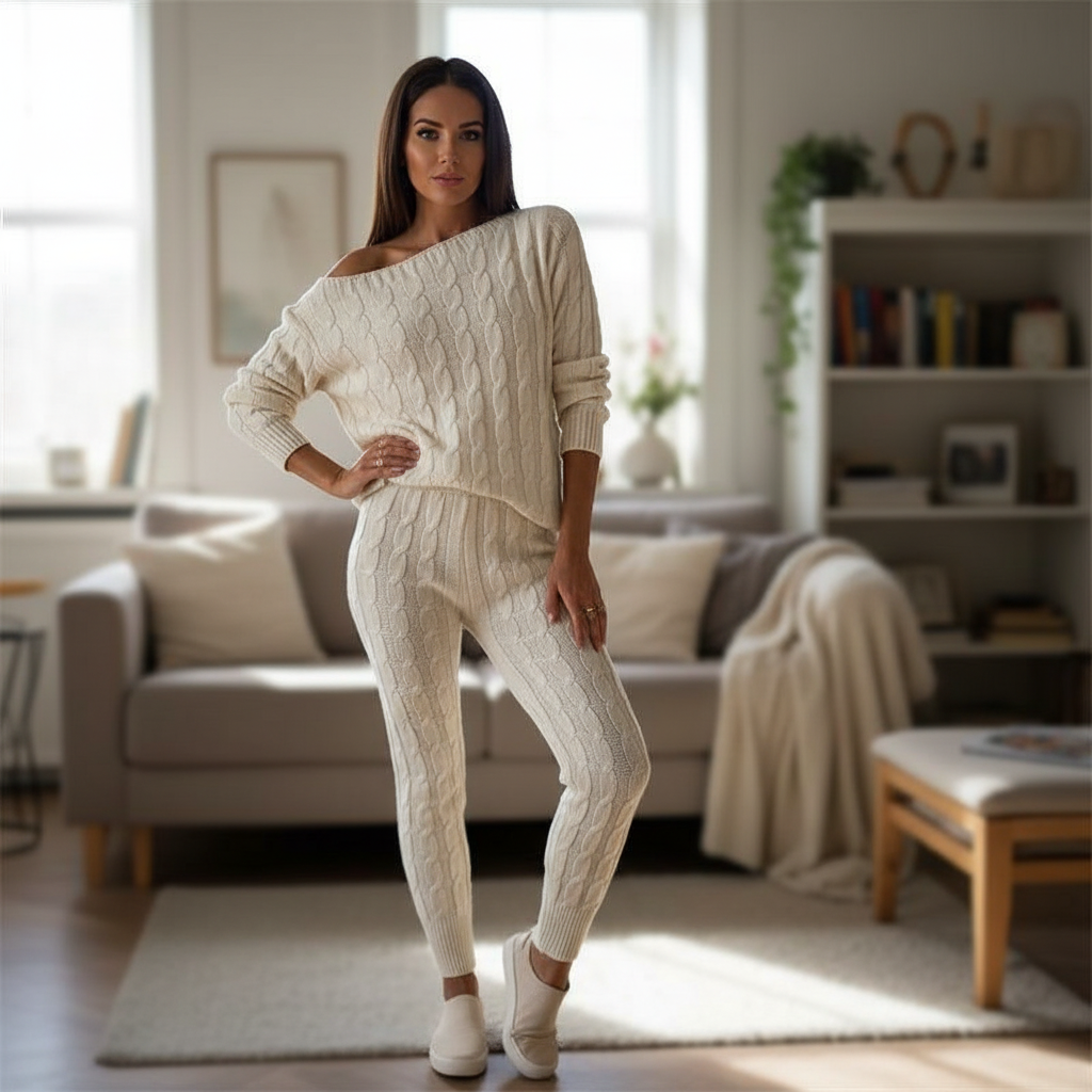 Women's Cable Knit Sweater and Pants Set Off-Shoulder