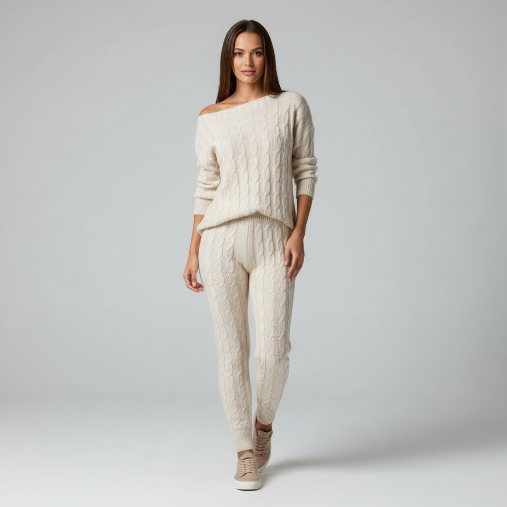 Women's Cable Knit Sweater and Pants Set Off-Shoulder