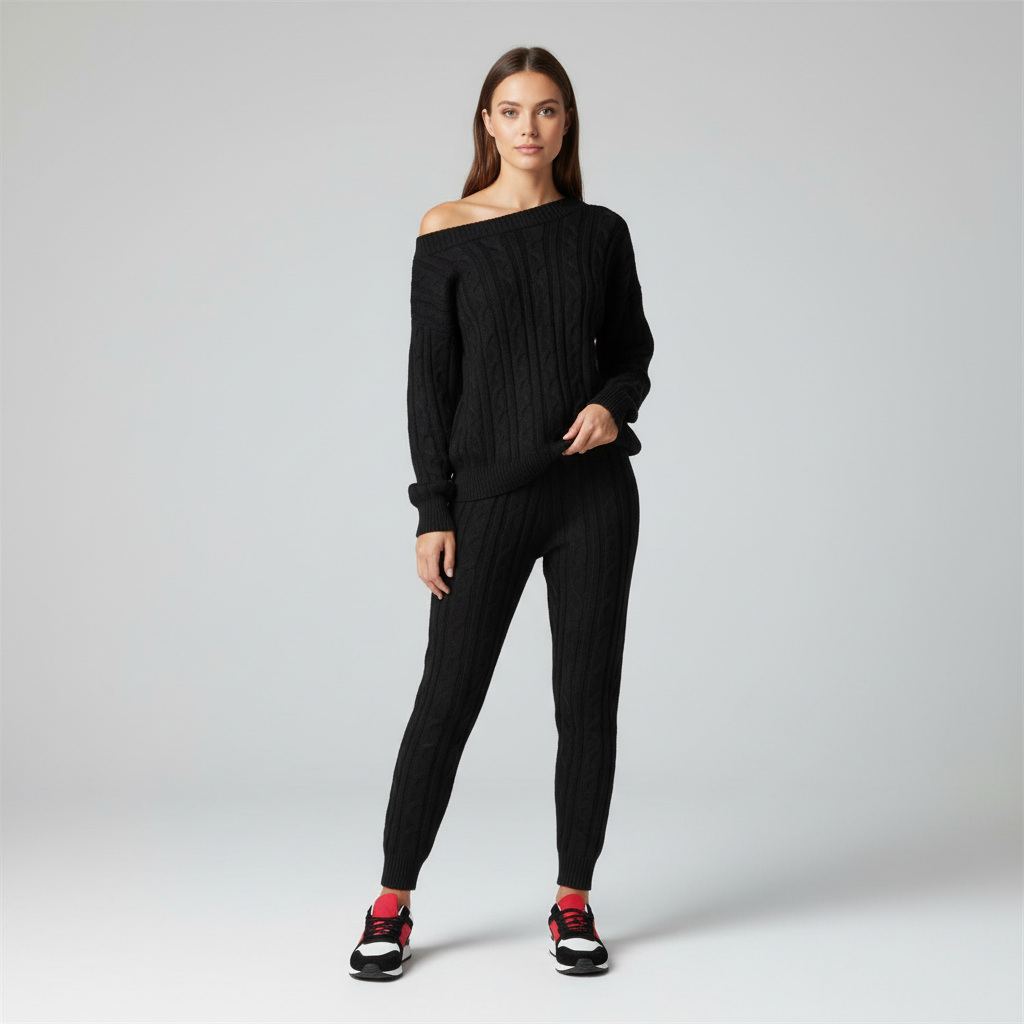Women's Cable Knit Sweater and Pants Set Off-Shoulder