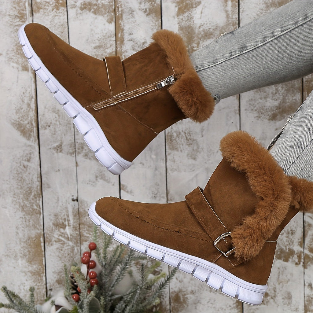 Women's Faux-Fur Trim Ankle Boots with Buckle Detail