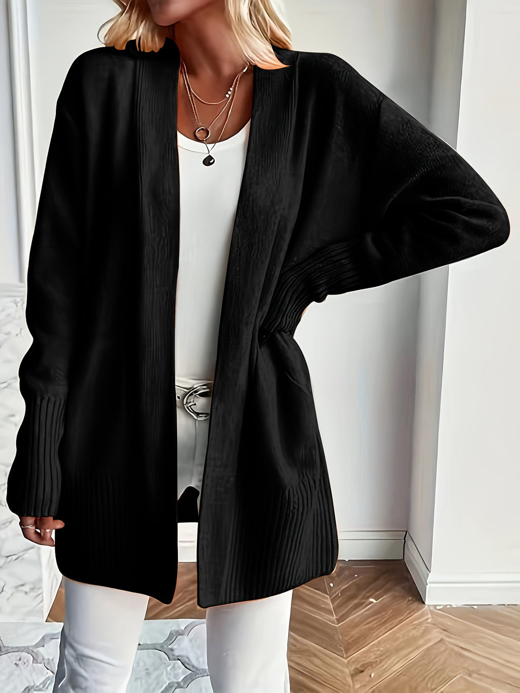 Women's Open Front Ribbed Cardigan with Long Sleeves