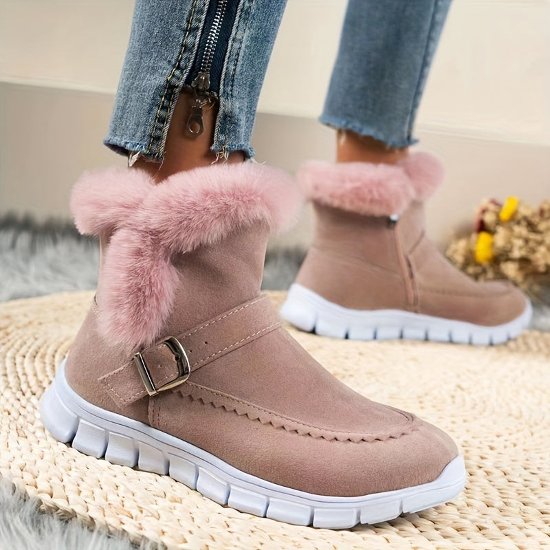 Women's Faux-Fur Trim Ankle Boots with Buckle Detail