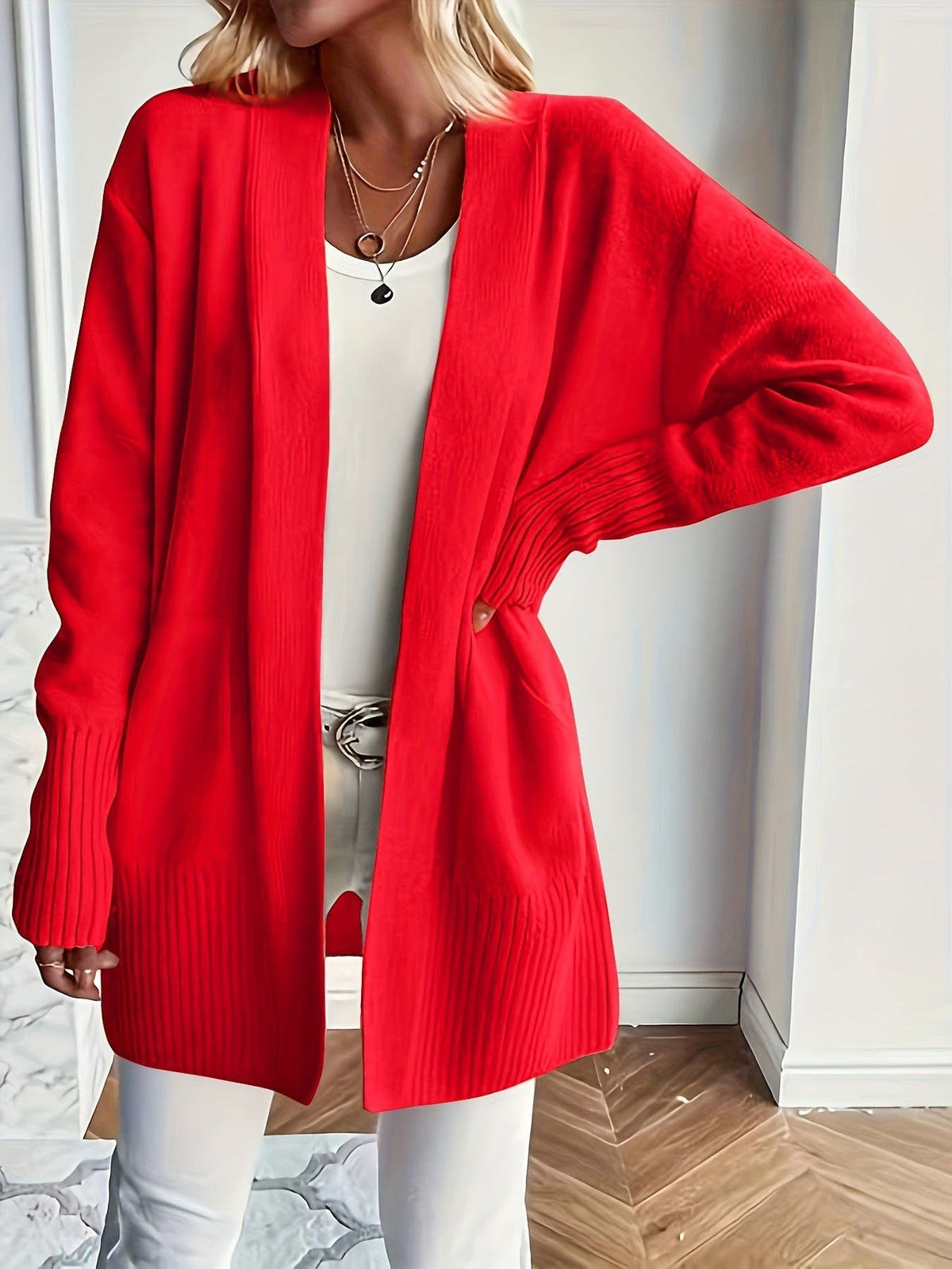 Women's Open Front Ribbed Cardigan with Long Sleeves