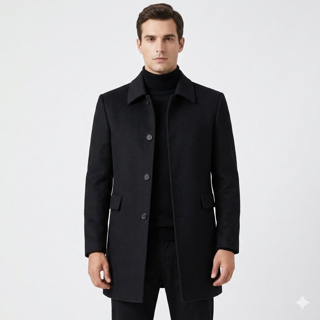 Men's Classic Overcoat, Notched Collar, Button Front, Long Sleeves