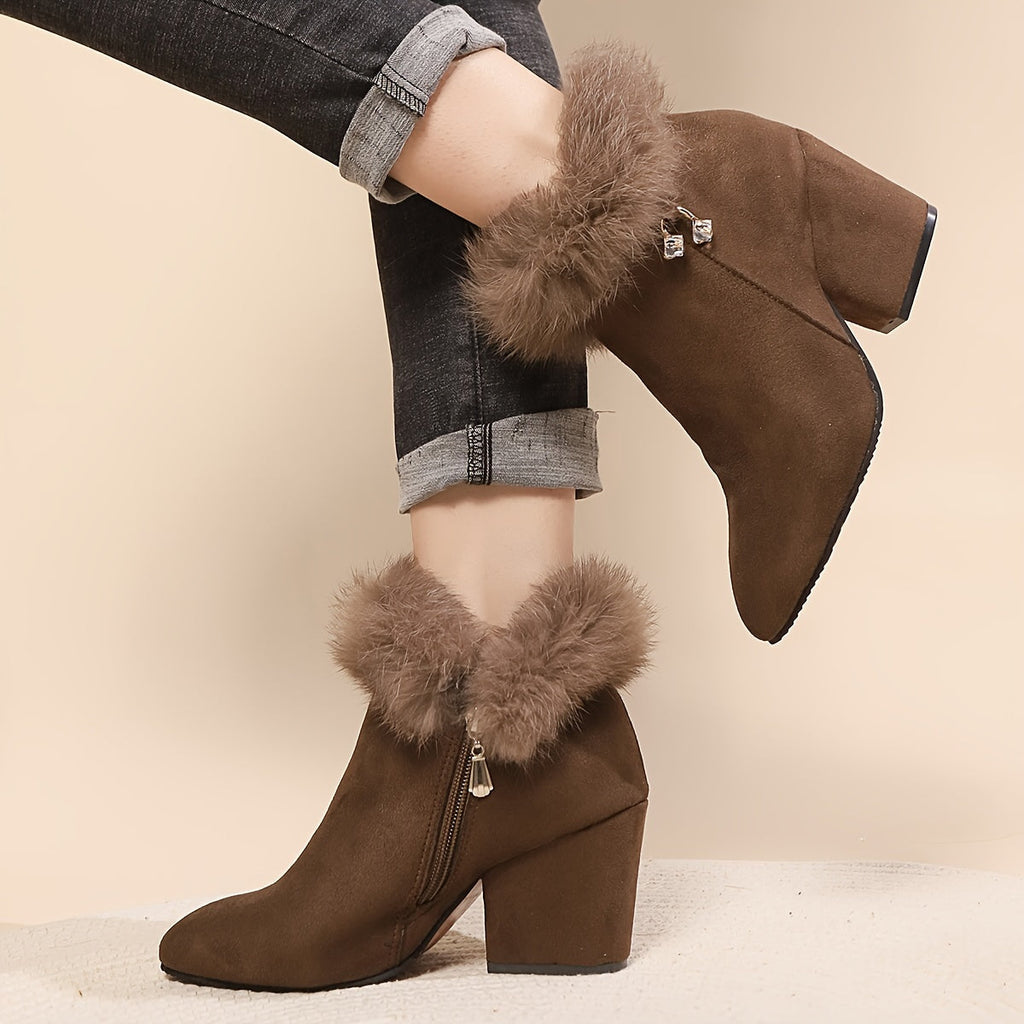 Women's Faux Fur Trim Ankle Boots with Block Heel