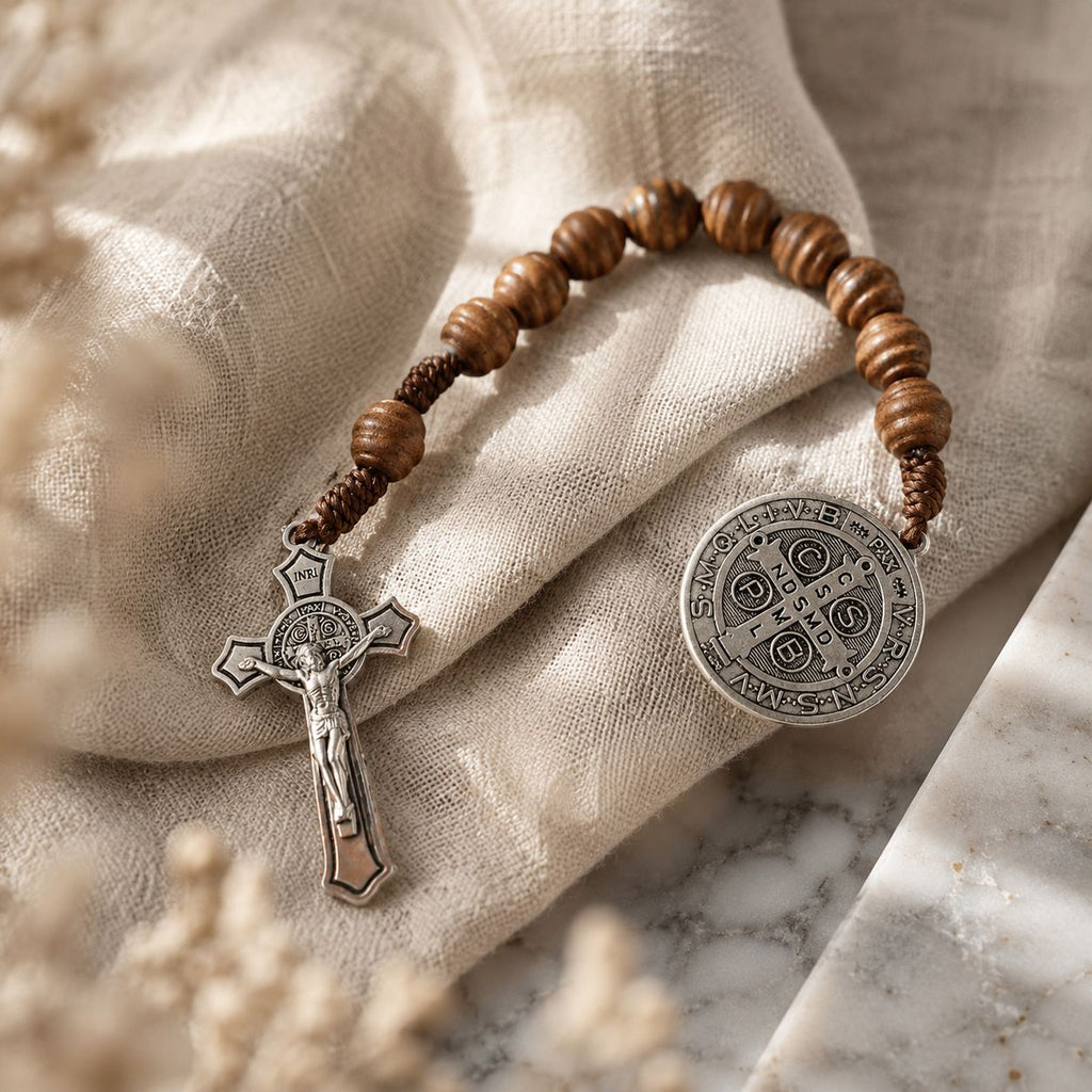Saint Benedict | Natural Wood Pocket Rosary