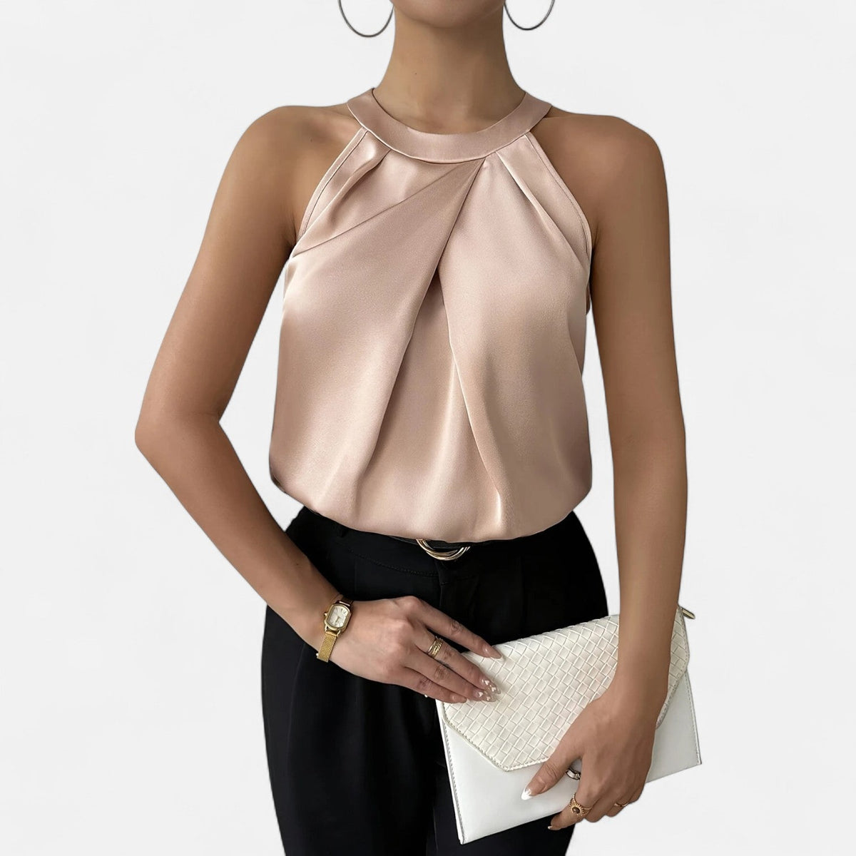 Kimberly | Women’s Elegant Pleated Front Draped Satin Tanks