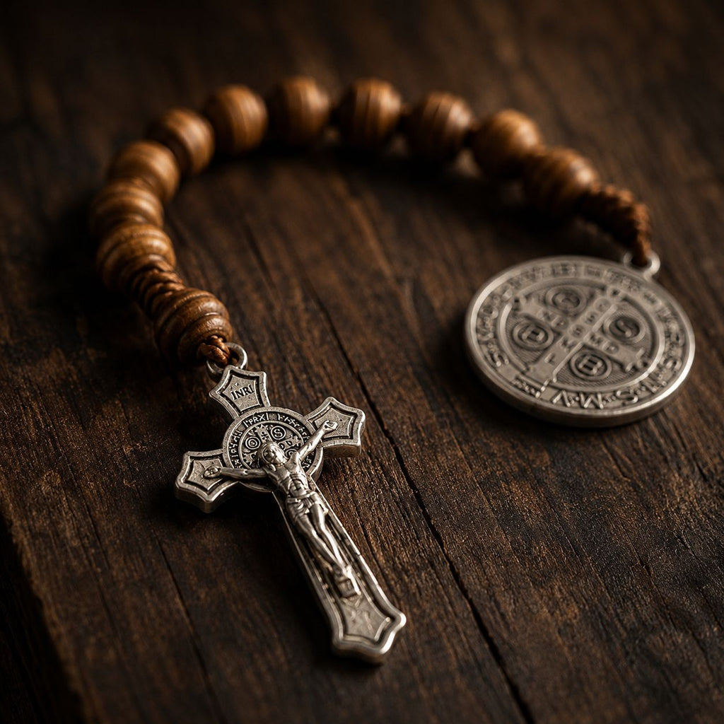 Saint Benedict | Natural Wood Pocket Rosary