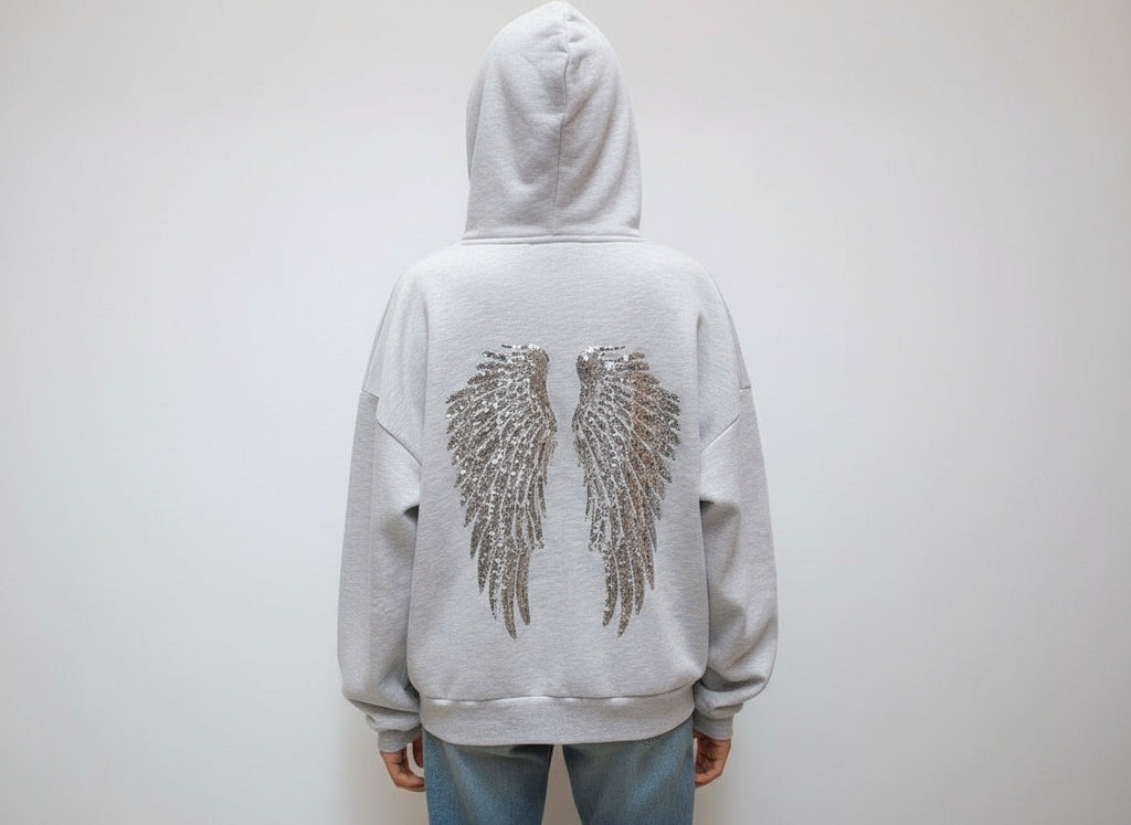 Women's Gray Hoodie with Sequin Wing Back Detail