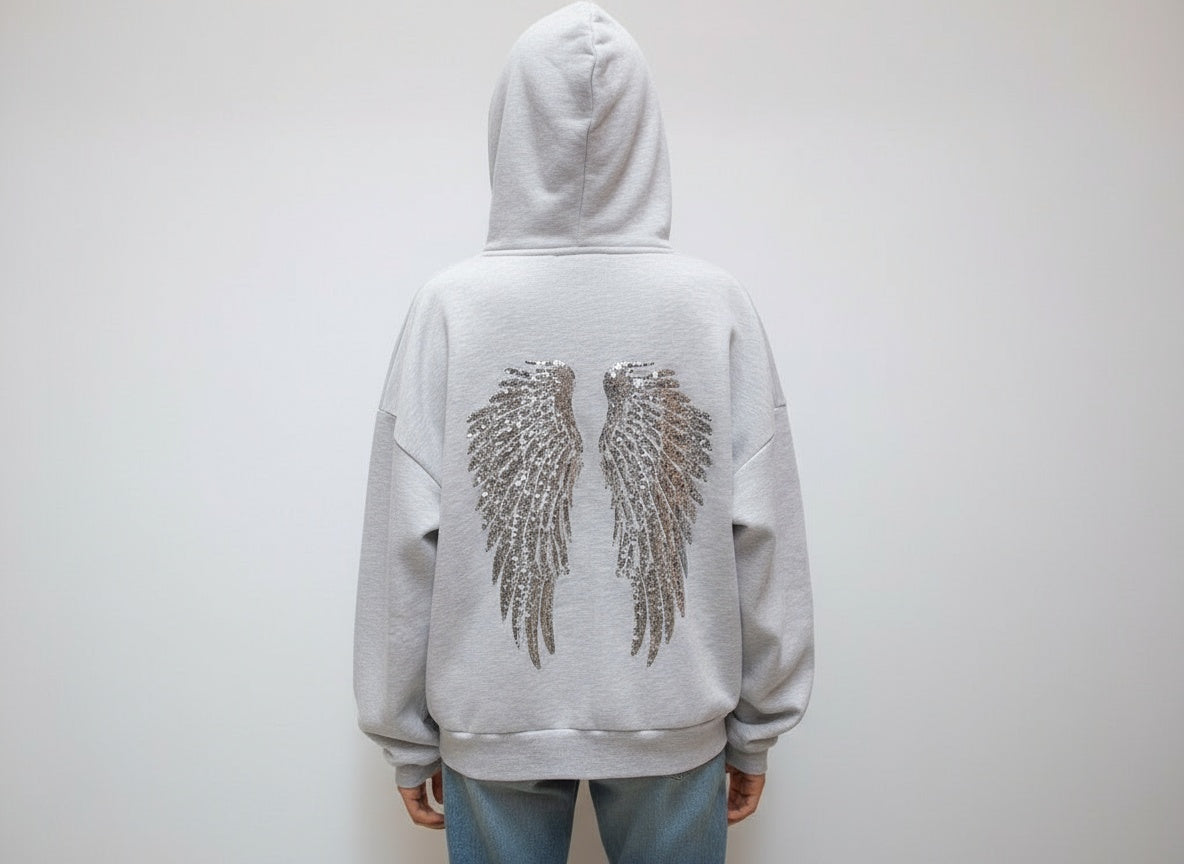 Women's Gray Hoodie with Sequin Wing Back Detail