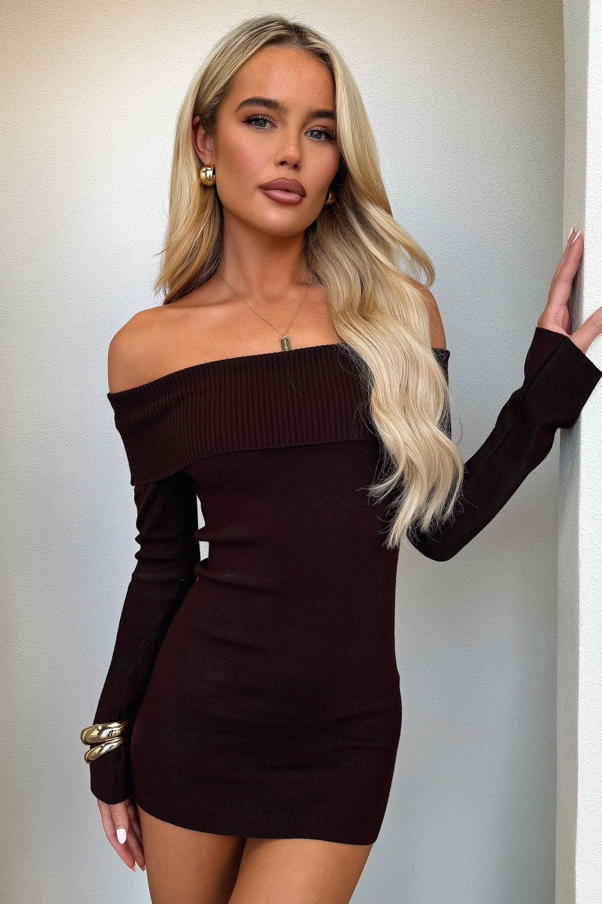 Women's Brown Off-Shoulder Knit Mini Dress, Long Sleeves
