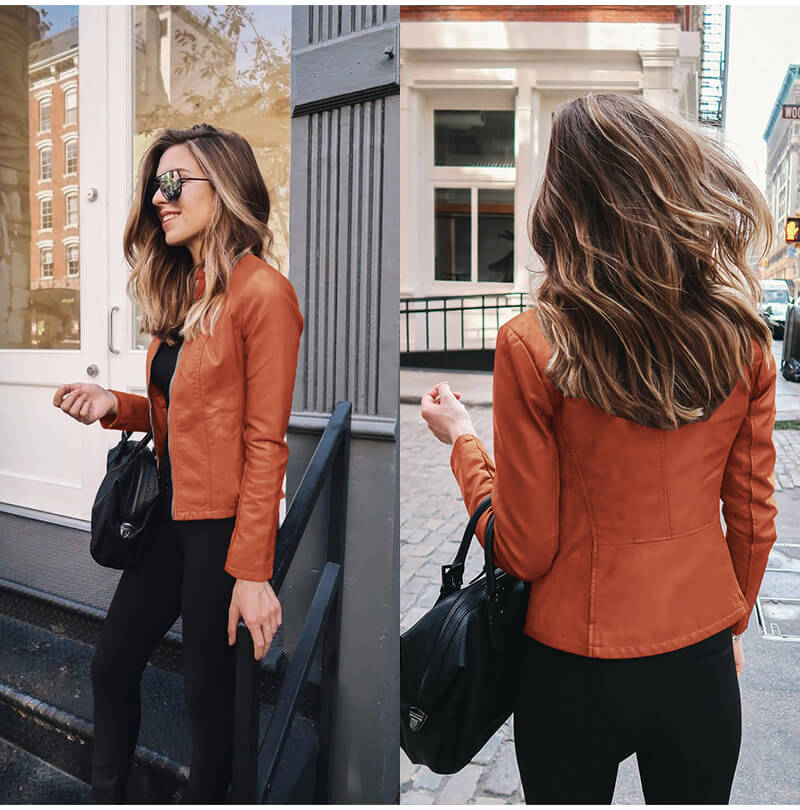 Women's Leather Biker Jacket with Zipper Closure