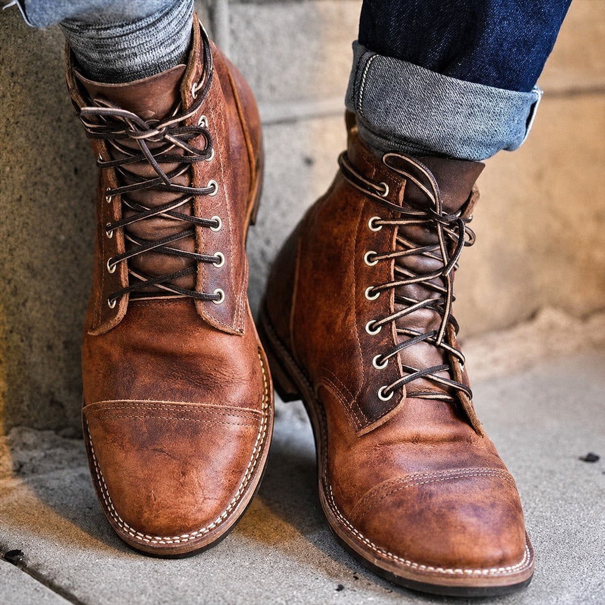 Men's Classic Retro Lace-Up Ankle Boots, Cap Toe