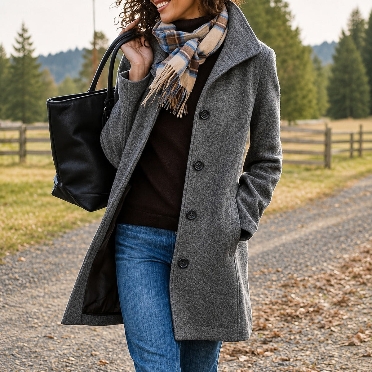 Women's Textured Mid-Length Coat, Button Front, Long Sleeves