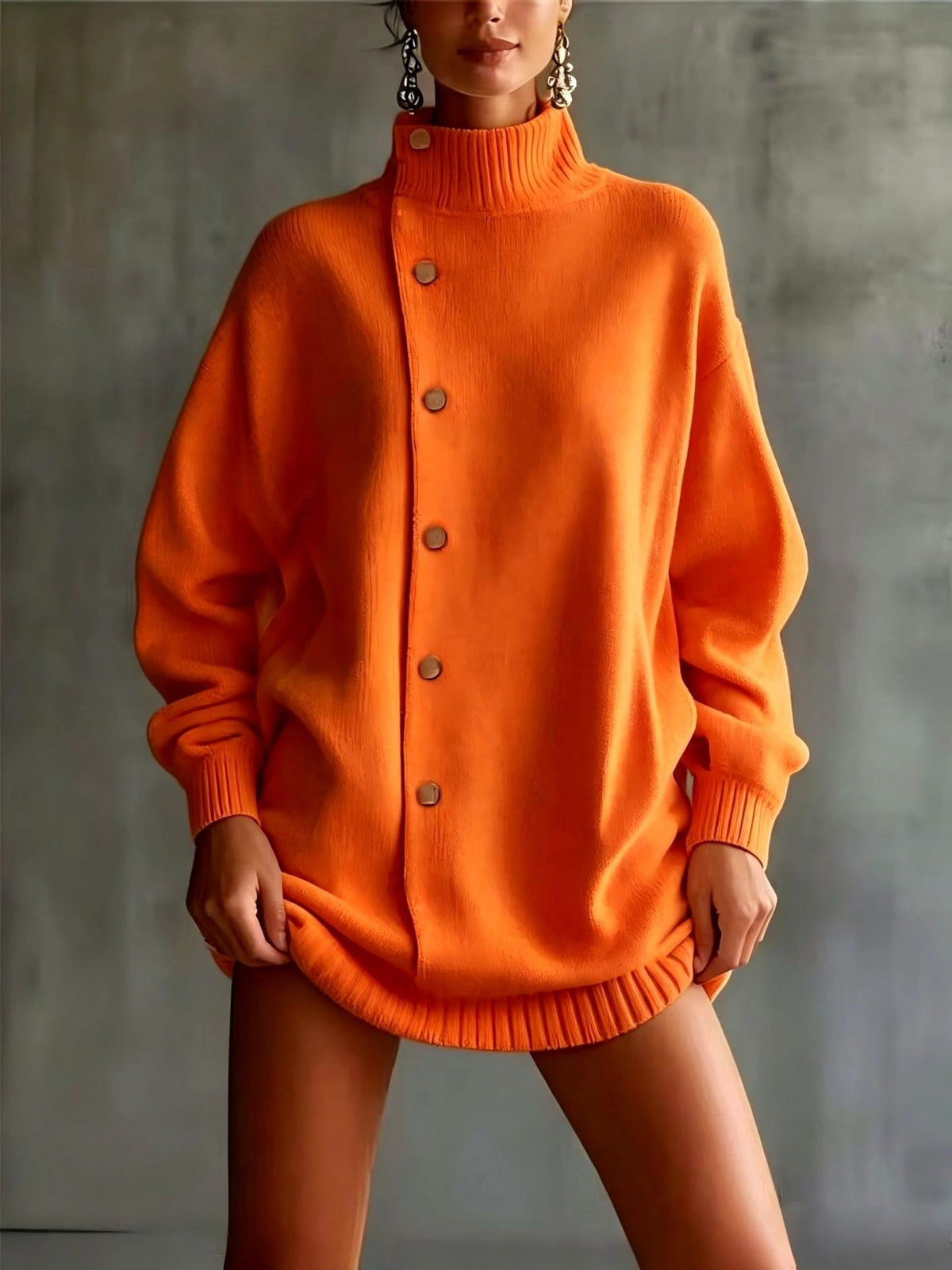Adelle - Women's Asymmetric Button-Front Turtleneck Sweater