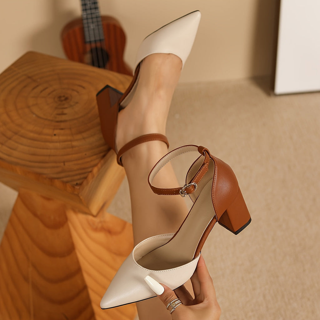 Women's Two-Tone Ankle Strap Block Heel Pumps