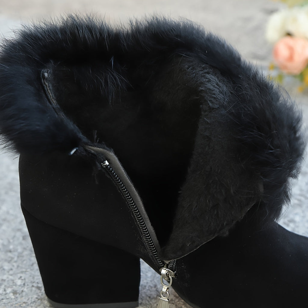 Women's Faux Fur Trim Ankle Boots with Block Heel