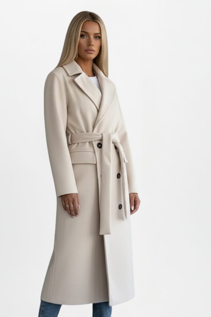 Aida | Wool Double-Breasted Longline Winter Coat with Belt for Women
